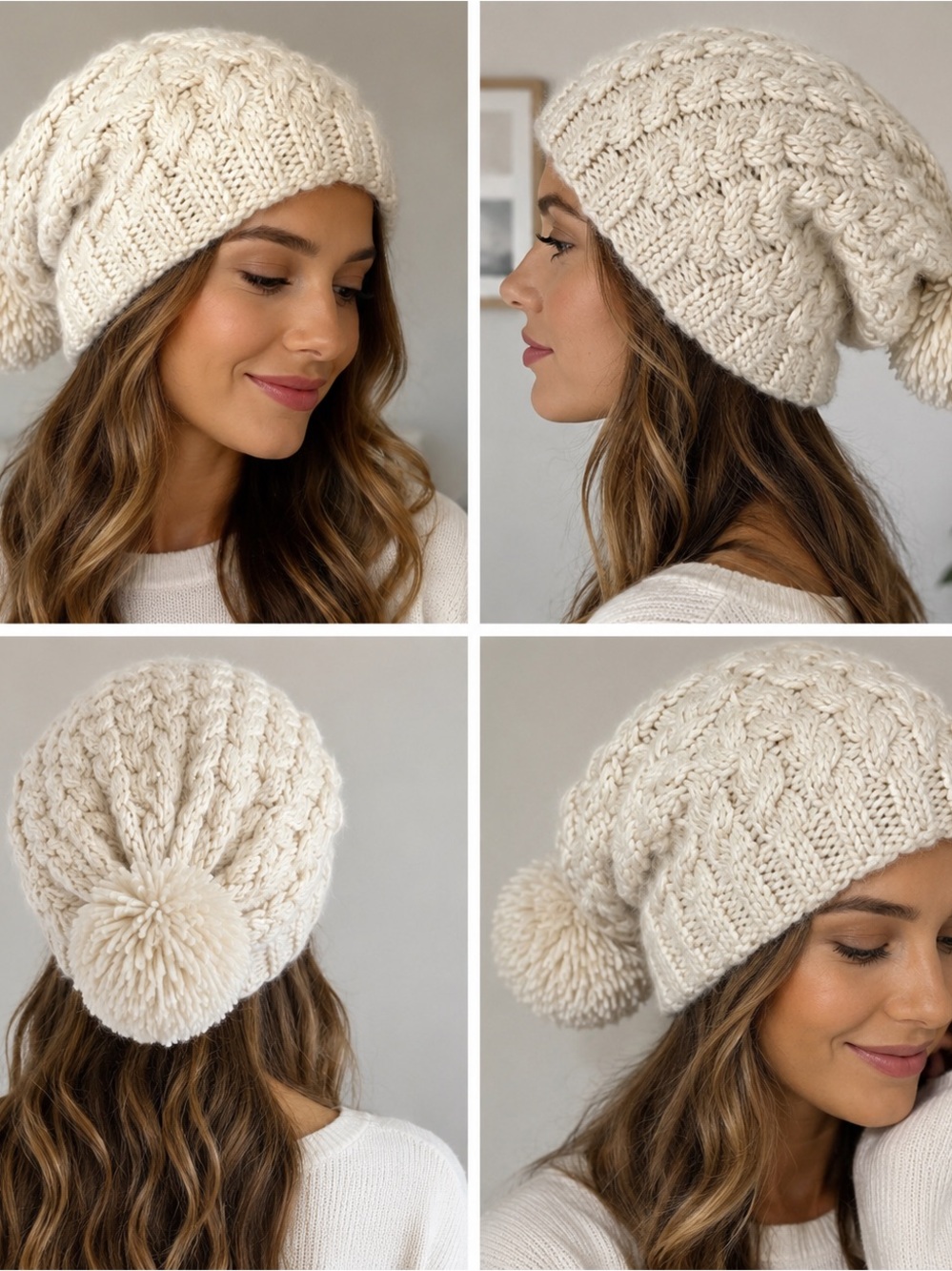 Charlotte Russe Cream Cable Knit Pom Pom Beanie | Cozy Winter Hat